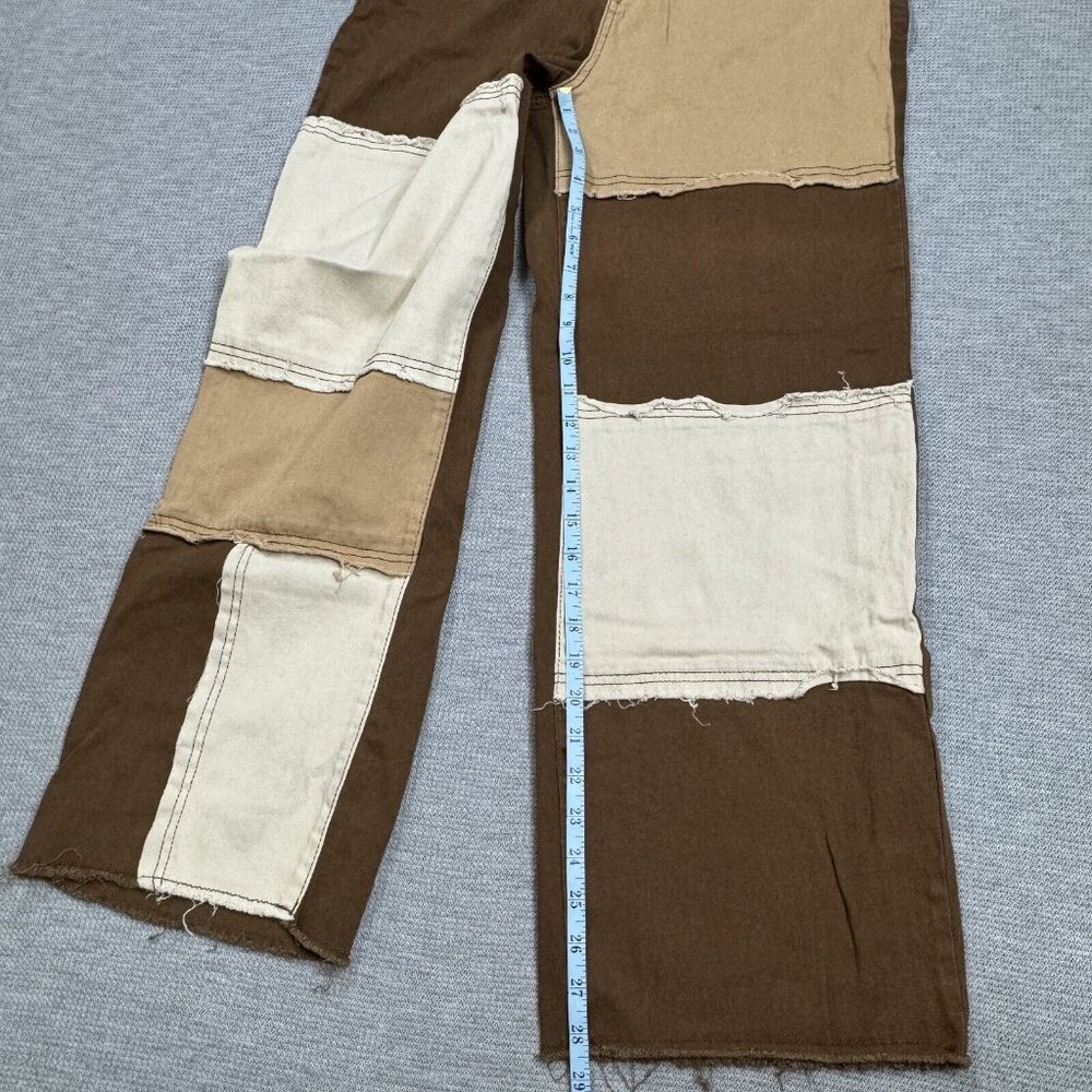 Almost Famous Patchwork Denim Jeans Womens Size 11 Brown Tan Raw Edge High Rise - Picture 12 of 14